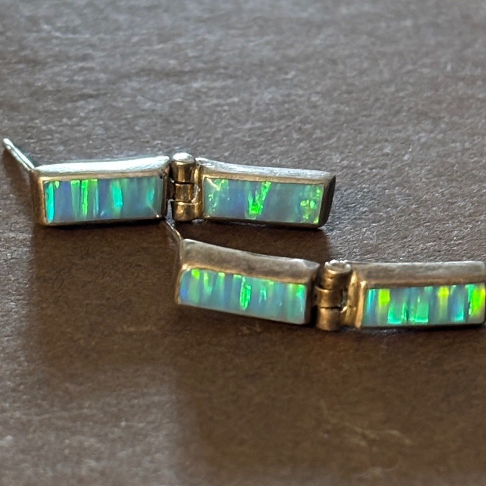 Modern 950 Silver Opal Inlay Bar Earrings - Picture 3 of 5
